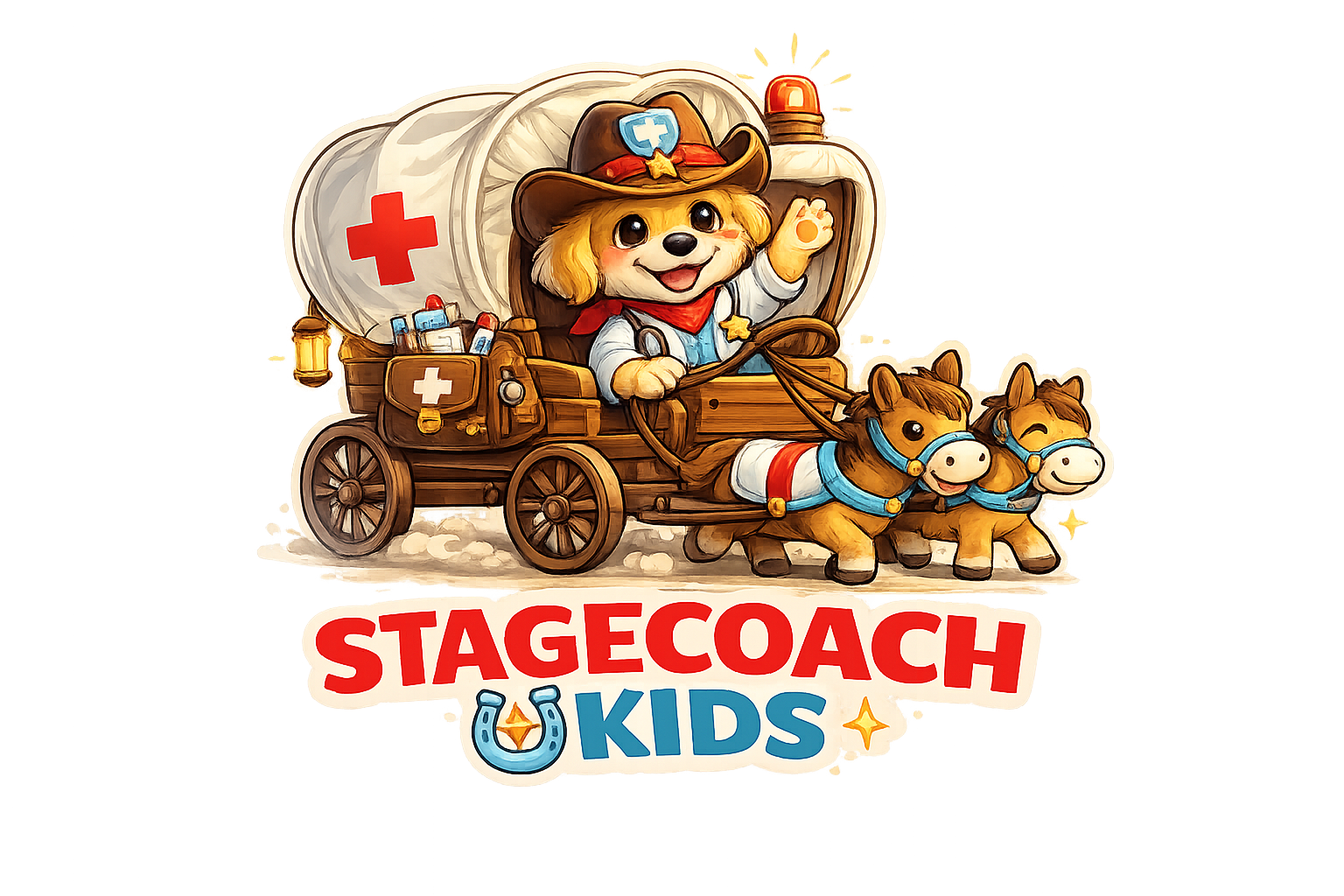 Stagecoach Kids illustrated logo with a puppy driving a medical stagecoach